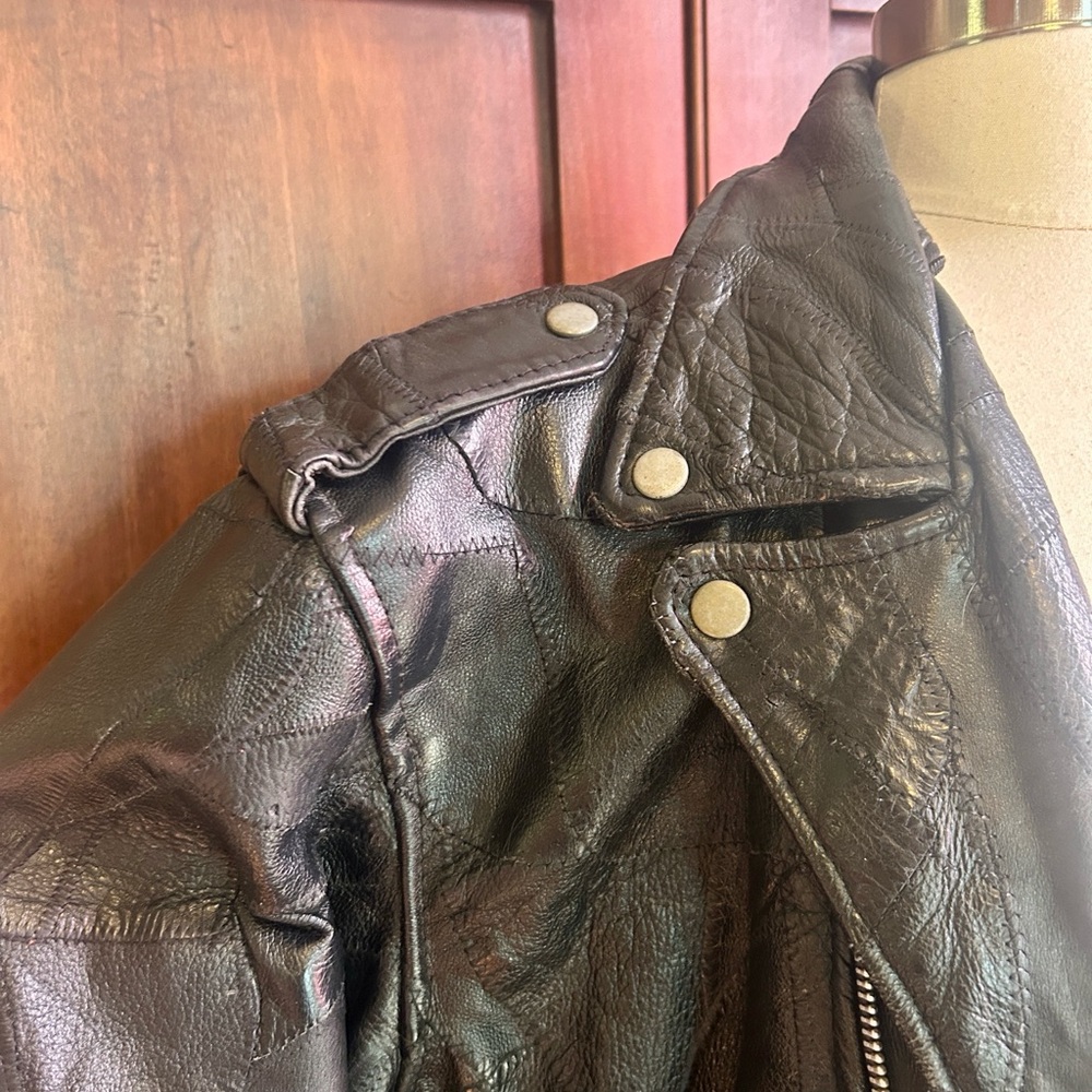 80s Black Leather Patchwork Motorcycle Jacket XL - image 8